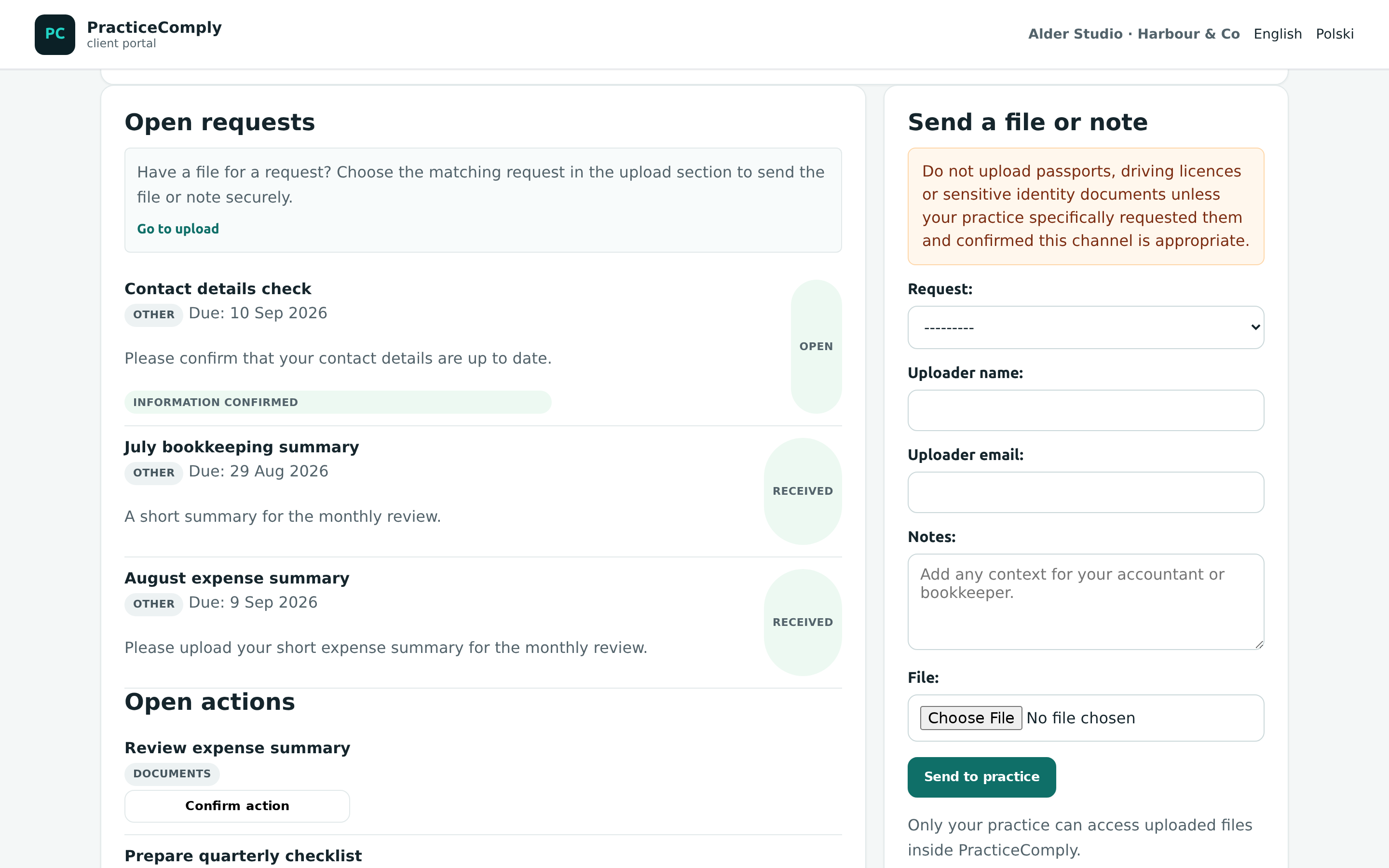 PracticeComply client portal showing document requests and confirmation status.