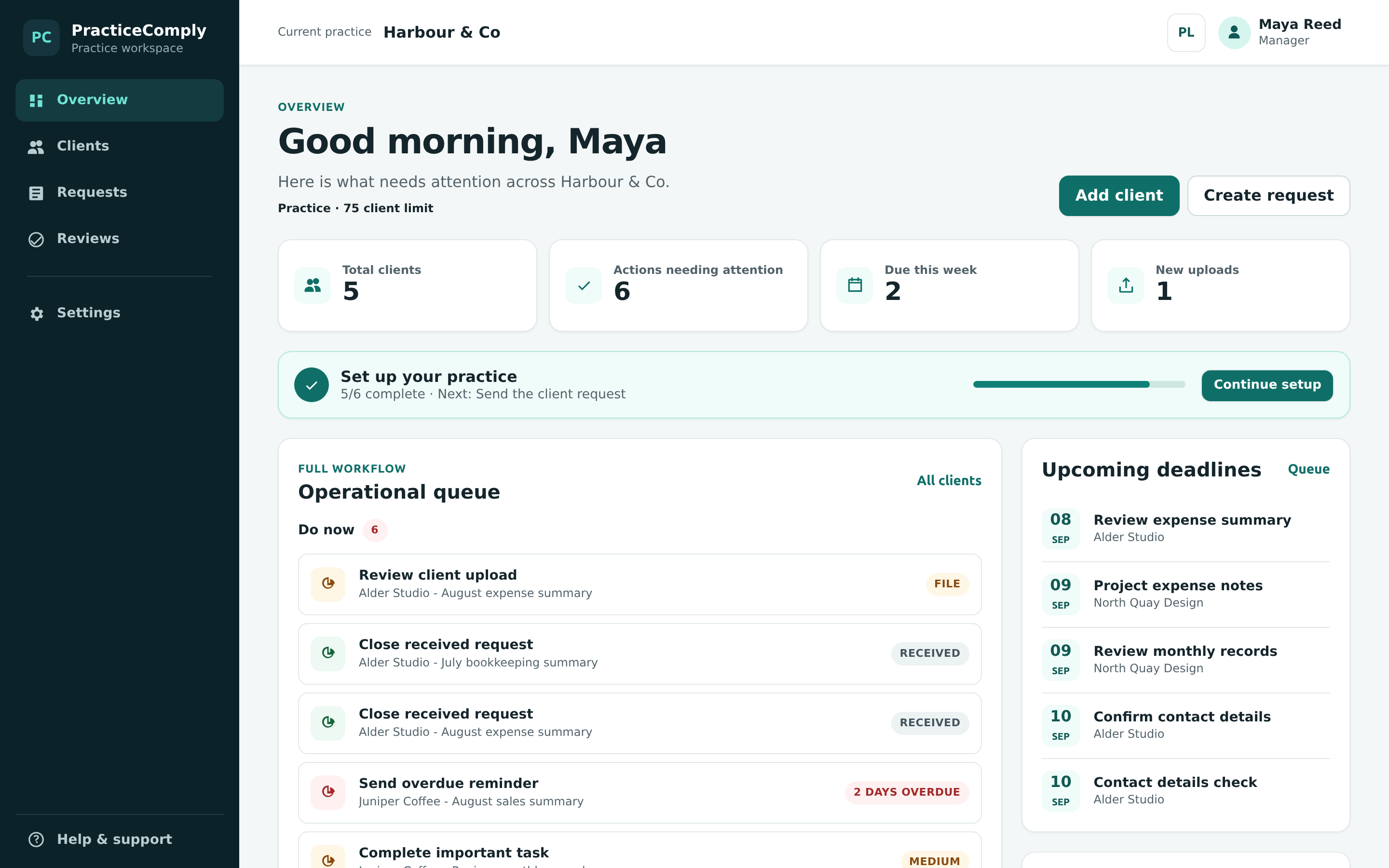 PracticeComply dashboard with client activity and upcoming actions.