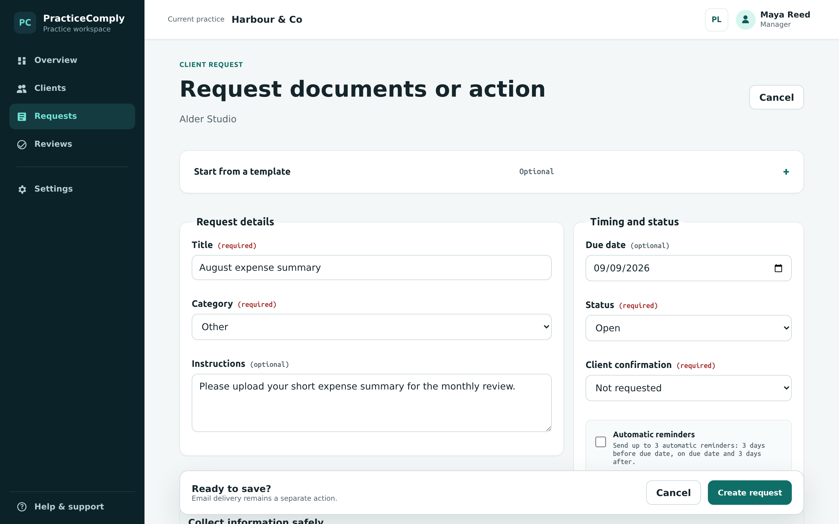 PracticeComply request form filled with a document request and deadline, before saving.