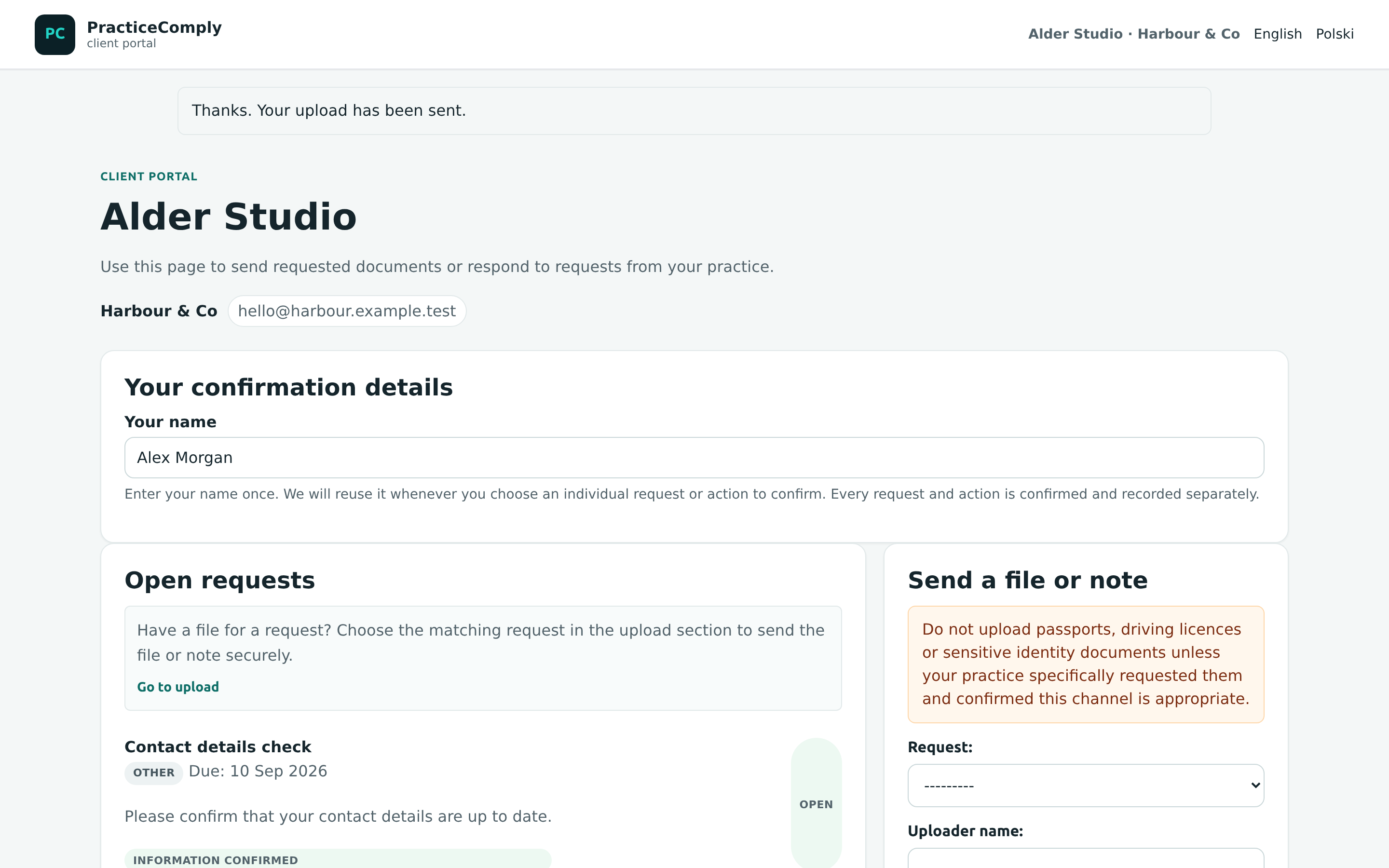PracticeComply client portal confirming a fictional document upload.