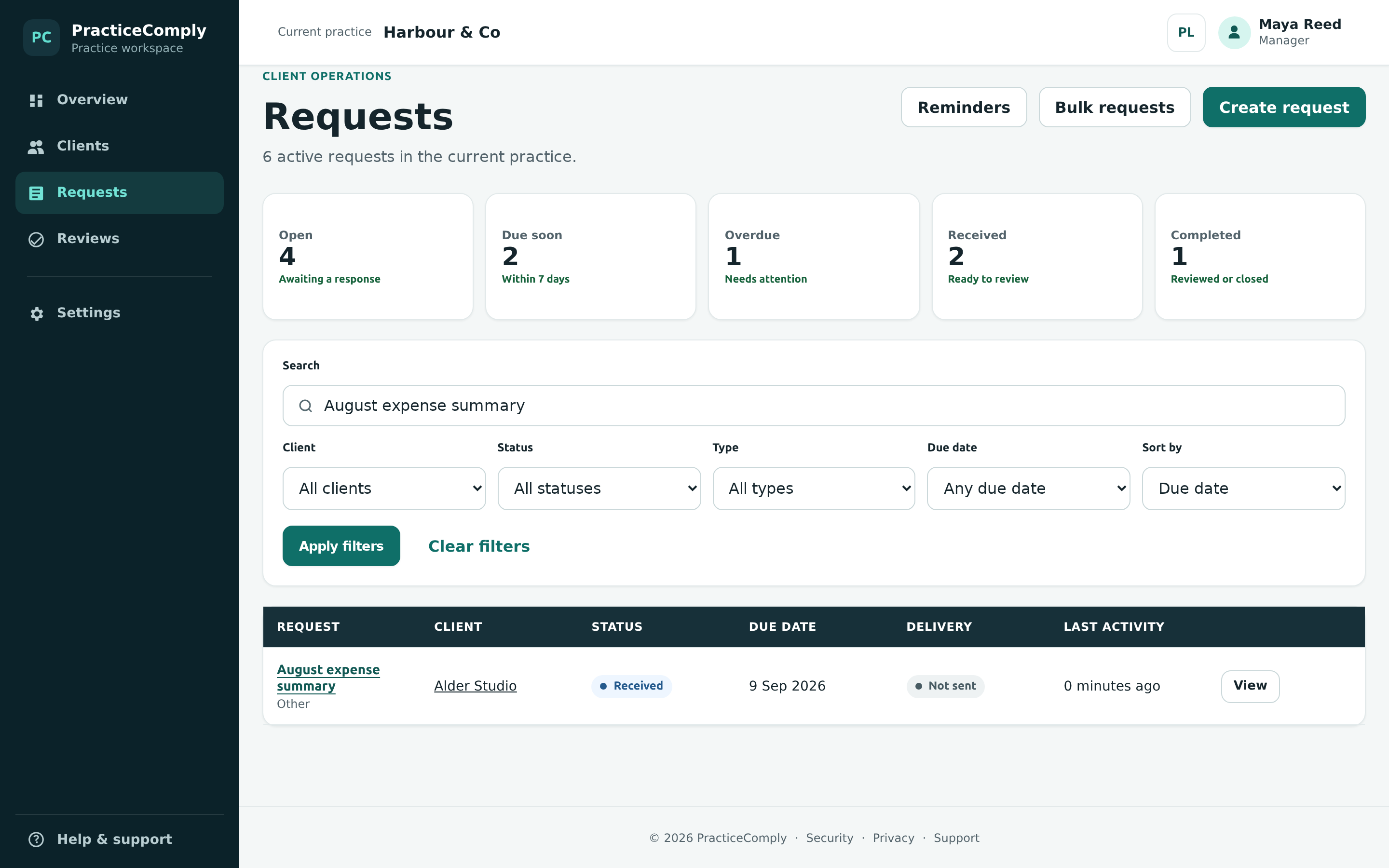 PracticeComply requests workspace showing the submitted expense summary as Received.