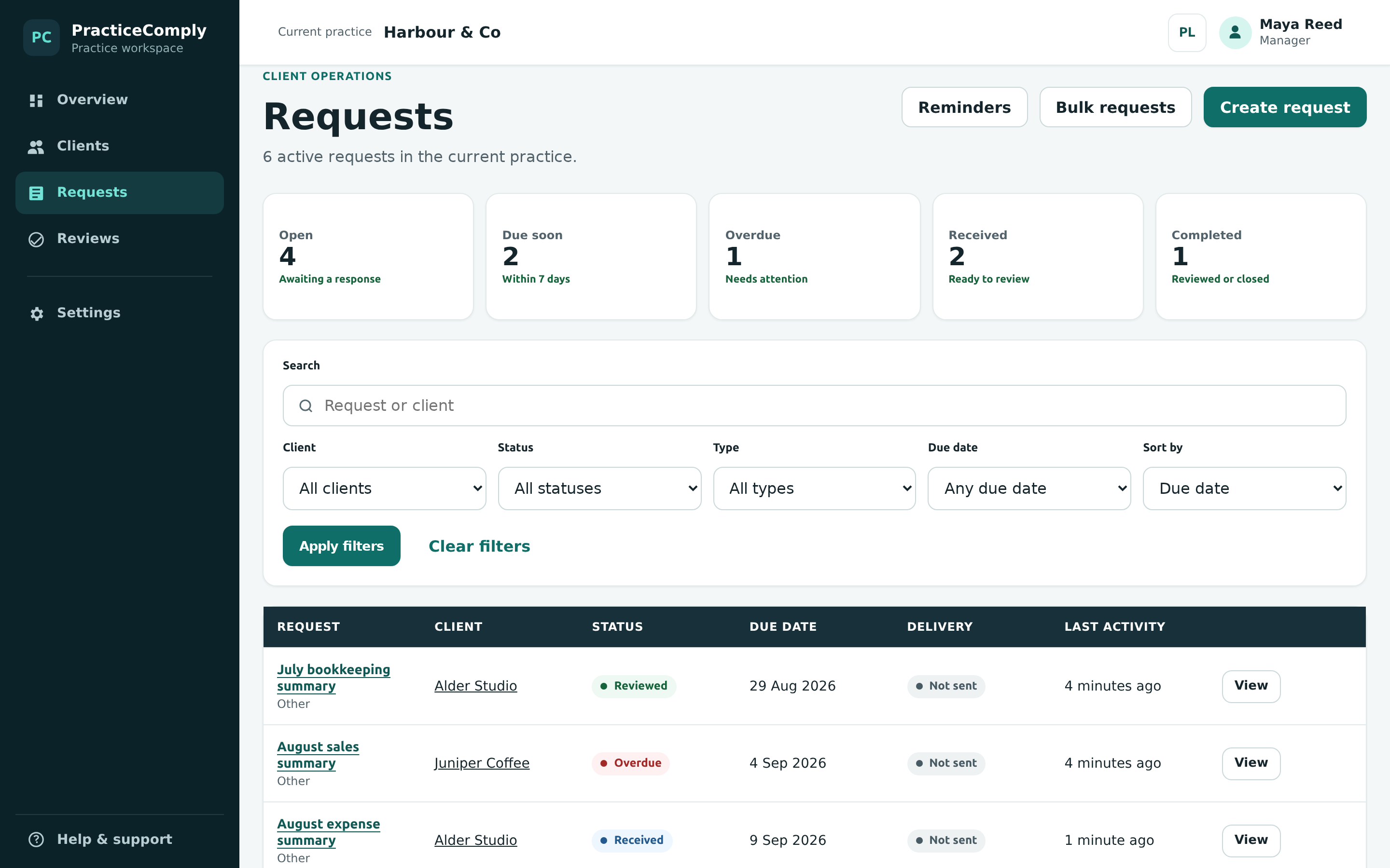 PracticeComply document requests with deadlines and workflow statuses.