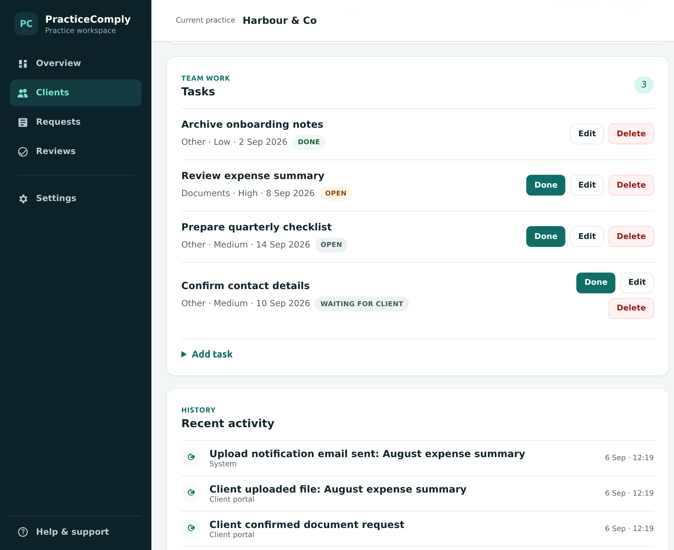PracticeComply client tasks with deadlines and statuses.