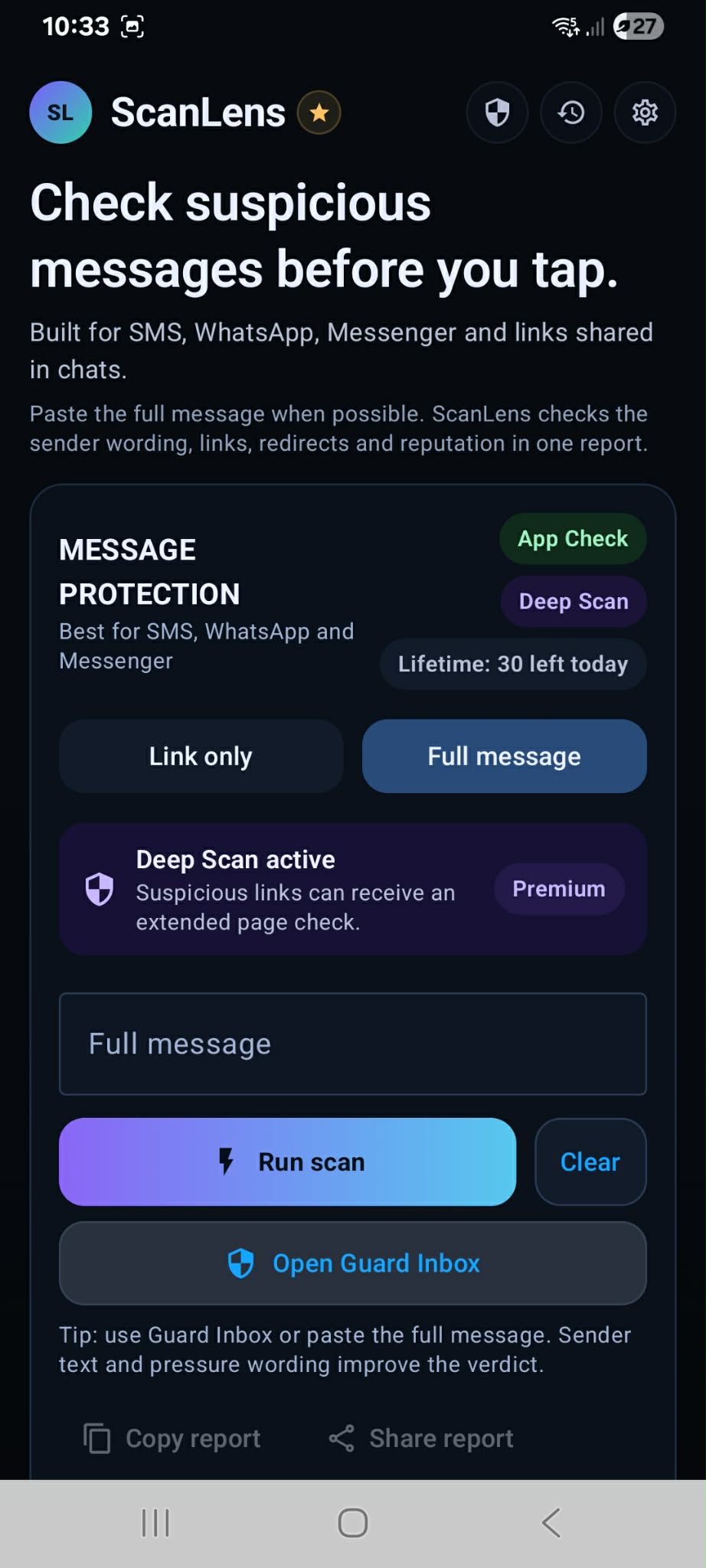 ScanLens on Android with an empty Full message field, Run scan button and Guard Inbox entry.