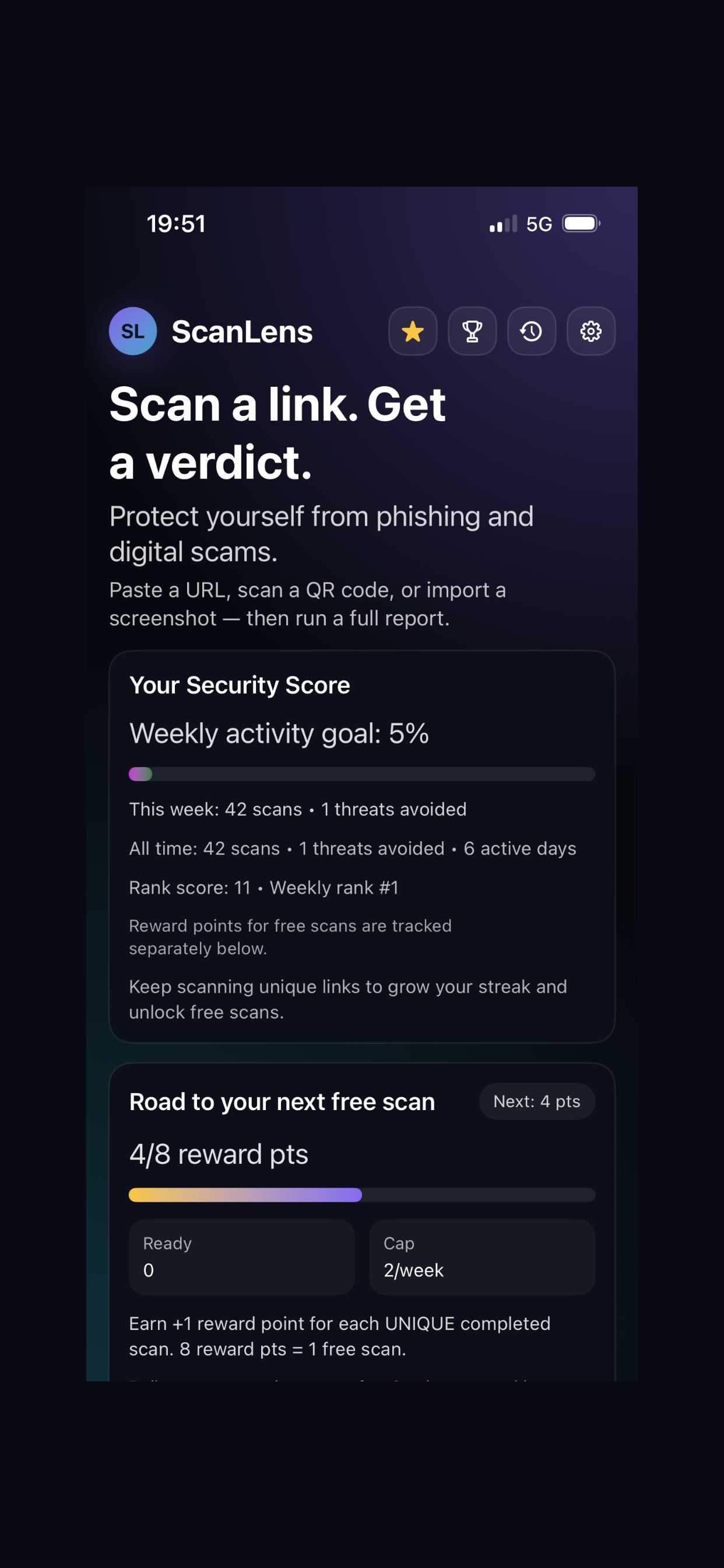 ScanLens on iOS — app home screen with scan activity and reward progress.