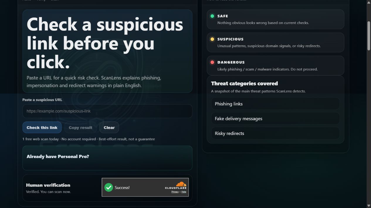 The public ScanLens web scanner: an empty URL field beside explanations of Safe, Suspicious and Dangerous results.